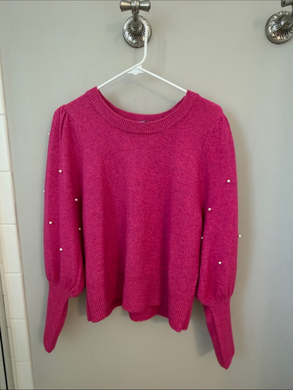 CeCe Hot Pink Pearl-Embellished Scoop Neck Sweater